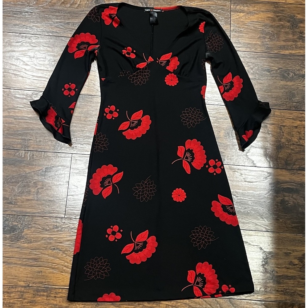 Vtg 90's Faith, Love & Passion Black & Red‎ Floral Print Dress, Women's Small